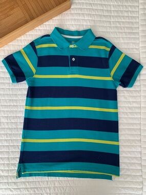 J. Khaki Polo Shirt Boys Size M Blue Yellow Stripes Short Sleeves Mesh Slits